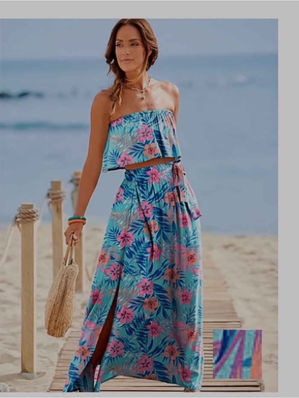Lascana Tropical Floral Strapless crop top and high slit skirt in Aqua & Pink
